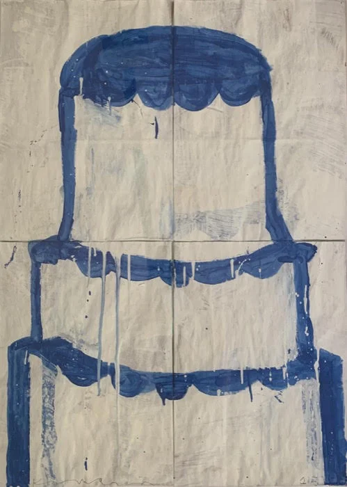 Gary Komarin Cake Stacked: Blue on White , 2015 water-based enamel paint on paper stacks 33 1/4 x 24 in.