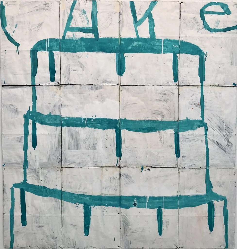 Gary Komarin Cake Stacked: Teal on White , 2019 water-based enamel paint on paper stacks 50 x 47 1/2 in.