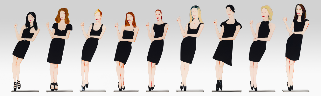 Alex Katz Black Dress 1-9, 2018 Shaped powder-coated aluminum, UV cured archival inks, stainless steel 25 1/2 x 7 1/2 x 3 in. each edition of 35 Available as a set