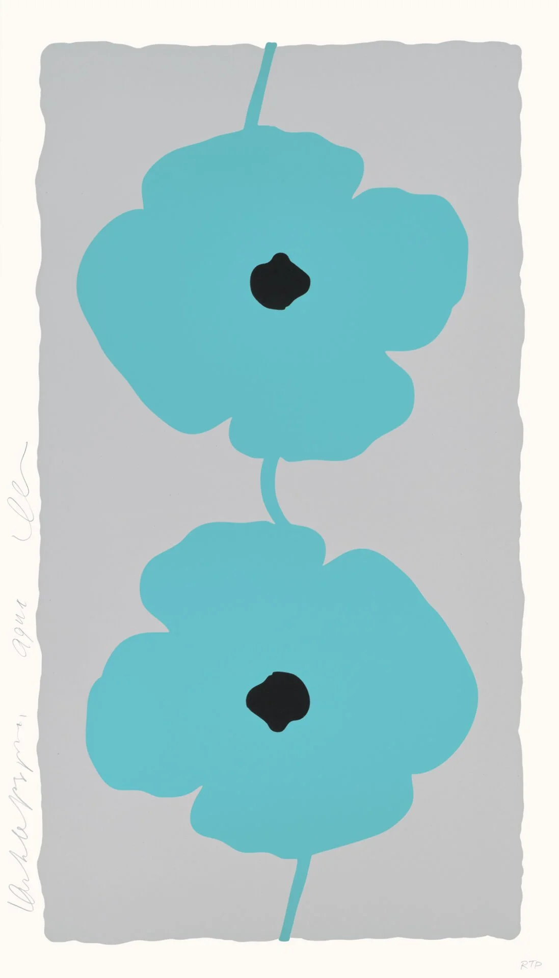 Donald Sultan Double Poppies Aqua 2025 Color silkscreen with enamel inks, flocking and sand on Rising 4-ply museum board 52 1/2 x 30 in. Edition of 25