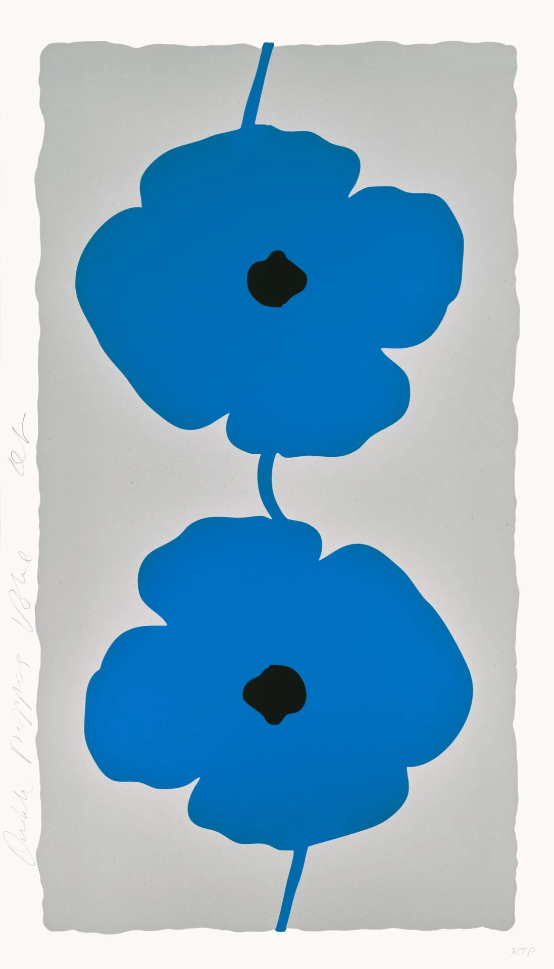 Donald Sultan Double Poppies Blue 2025 Color silkscreen with enamel inks, flocking and sand on Rising 4-ply museum board 52 1/2 x 30 in. Edition of 25