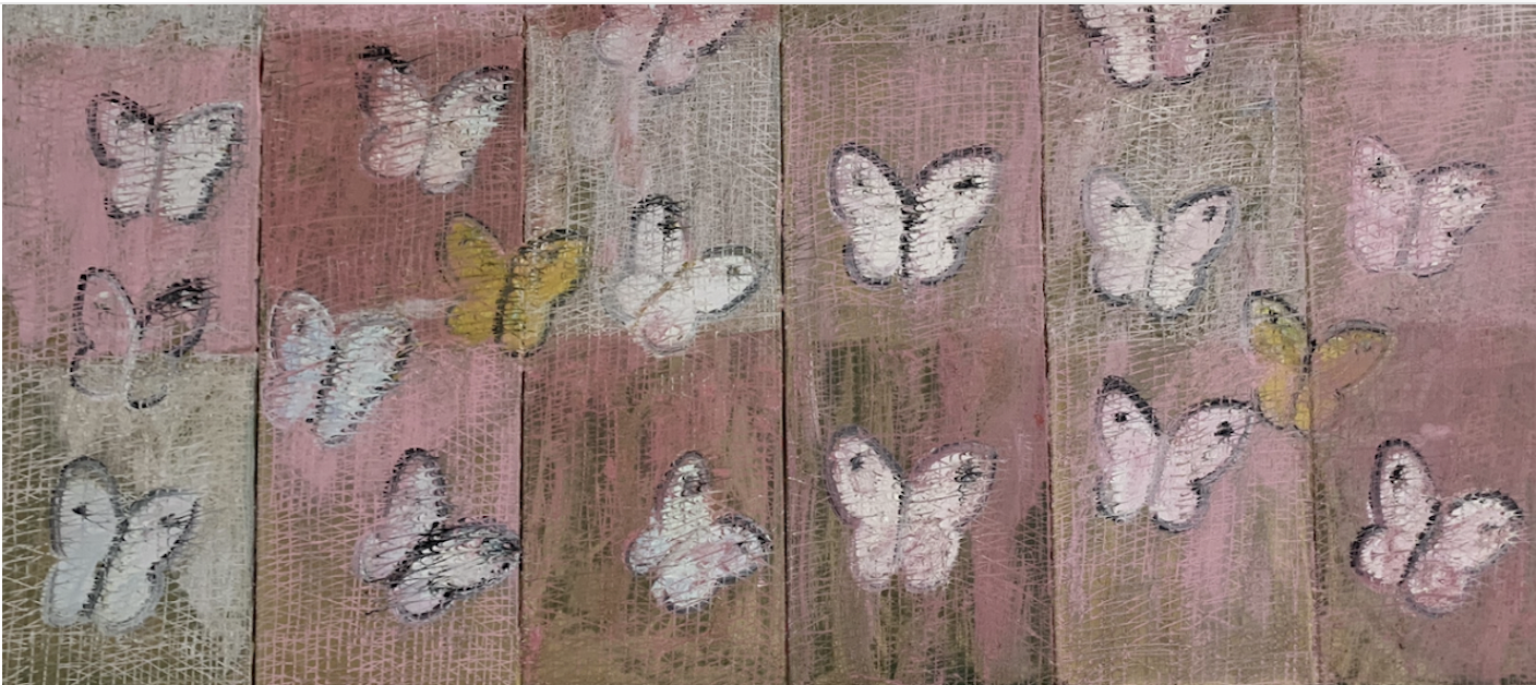   Hunt Slonem    Pink Butterflies   Oil on 6 conjoined canvases  36 × 60 in.   