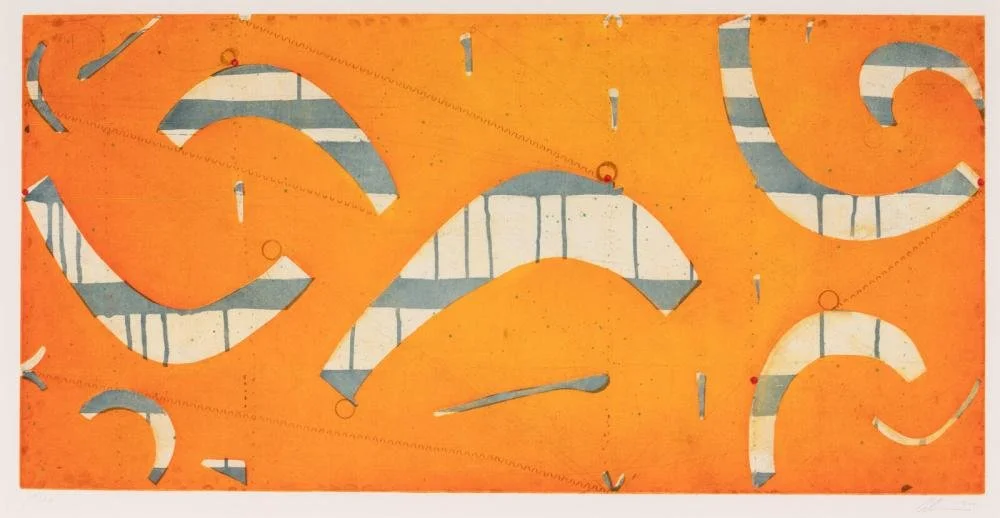  Caio Fonseca   Seven String Etching No. 3  , 2001 Color spitbite aquatint and softground etching with chine collé, string and handstamping on Somerset soft white textured paper 17 7/8 x 36 in.  Edition of 50 