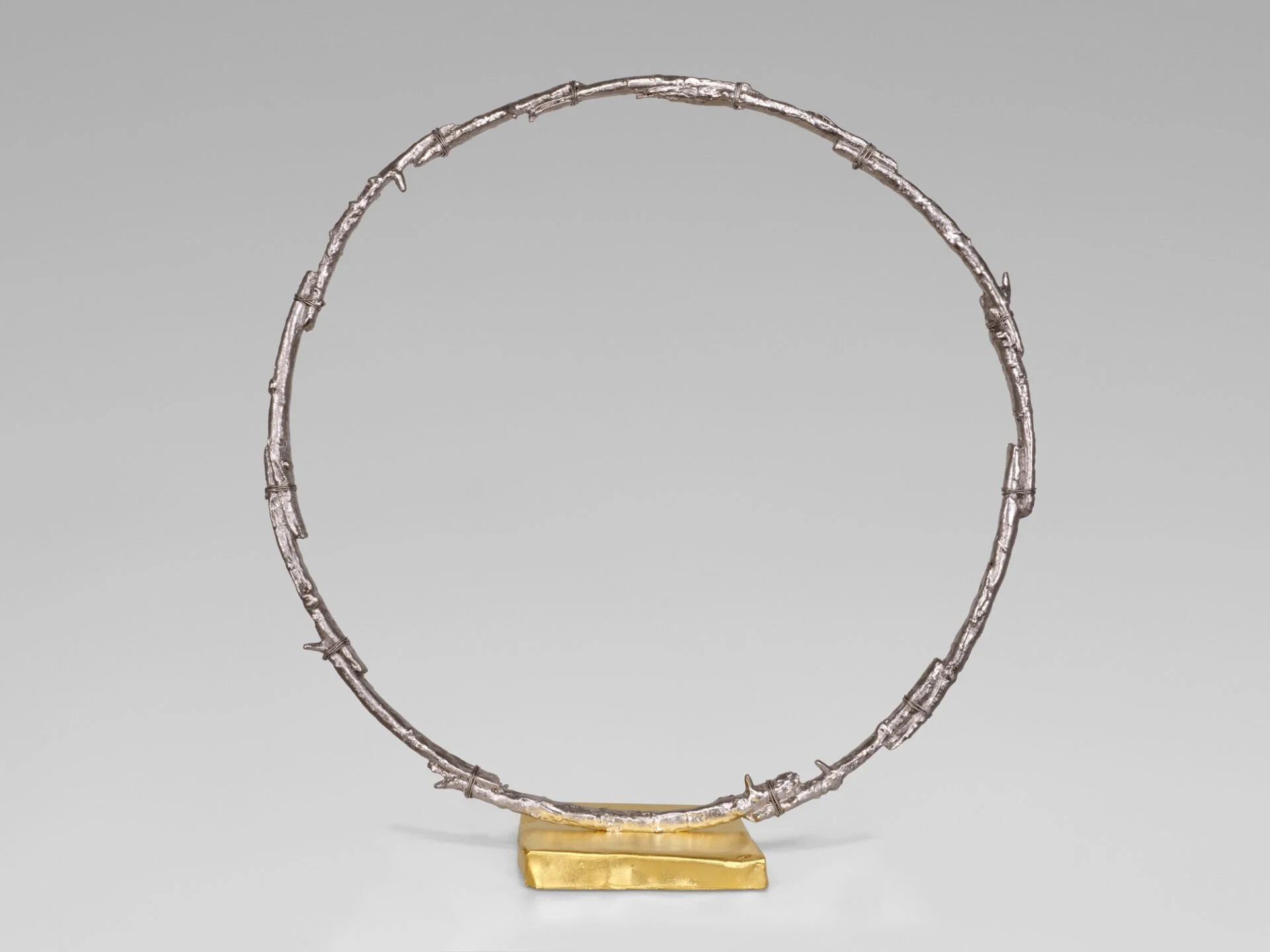   Ugo Rondinone   Moon sculpture , 2023 Bronze and palladium leaf 15 x 15 x 4 in. Edition of 25 