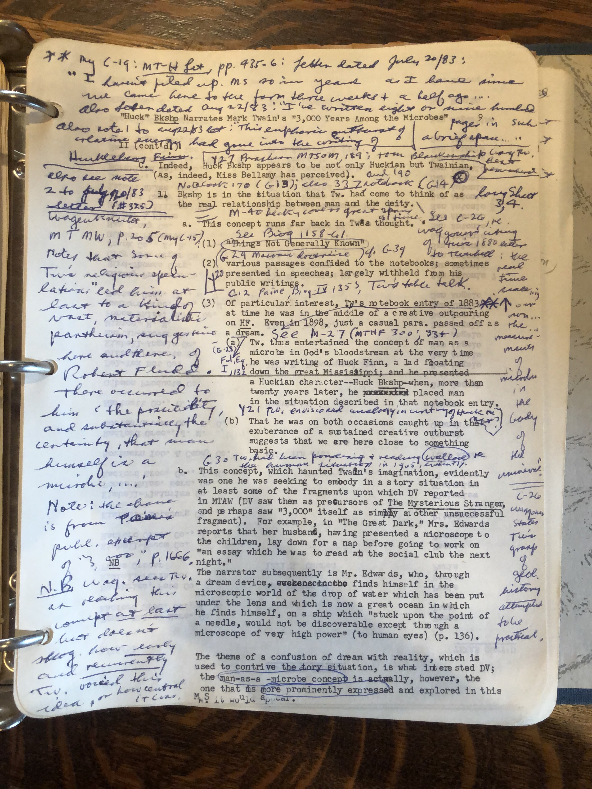 John S. Tuckey Papers, notes on Mark Twain's manuscript "3,000 Years among the Microbes"