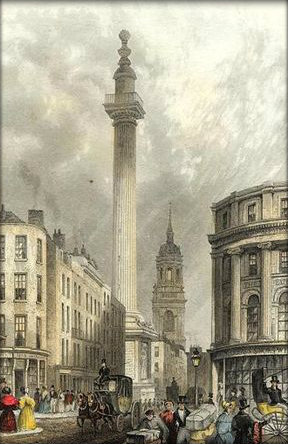Illustration of the Monument, London, a structure built by Sir Christopher Wren based on designs by Robert Hooke to commemorate the rebuilding of London following the Great Fire in 1666. The monument was designed as both a landmark and an immense vertical telescope with a twenty foot deep underground laboratory.