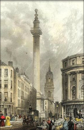 Illustration of the Monument, London, a structure built by Sir Christopher Wren based on designs by Robert Hooke to commemorate the rebuilding of London following the Great Fire in 1666. The monument was designed as both a landmark and an immense ve…