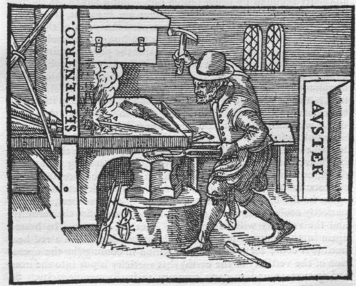 Illustration of iron worker in a smith from De Magnete, used in Gilbert's proposal of how polarity is imparted into "any iron that has been smelted though not empowered by a loadstone."