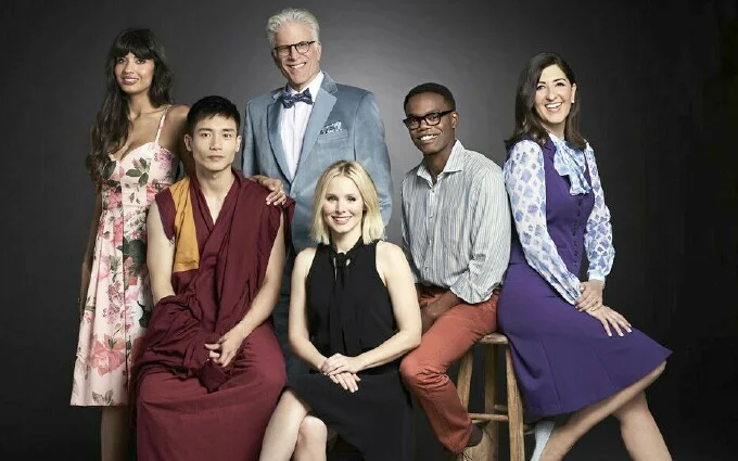(From Left to Right)Back: Tahani (Jameela Jamil), Michael (Ted Danson), Chidi (William Jackson Harper), Janet (D'Arcy Carden). Front: Jason (Manny Jacinto), Eleanor (Kristen Bell).