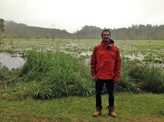 One wet Luke Jeffrey and his study site after 24h working in the continuous drizzle