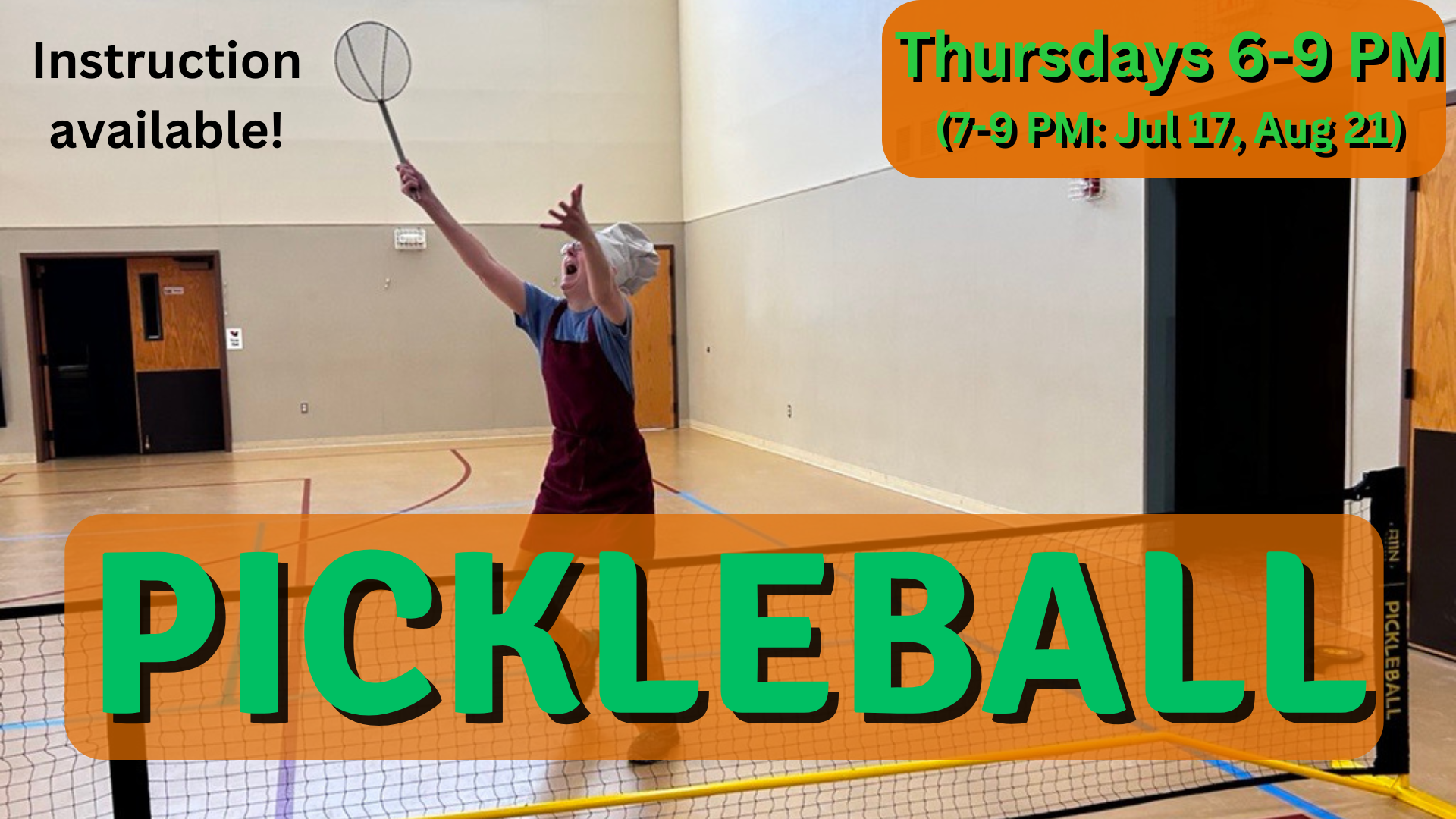 Pickleball is on Thursdays throughout the summer! Come play pickleball on Thursdays in the gym from 6 to 9 p.m. All levels are welcome. (Note: Pickleball will be from 7 to 9 p.m. on July 17, and August 21. There will be no pickleball on July 24,