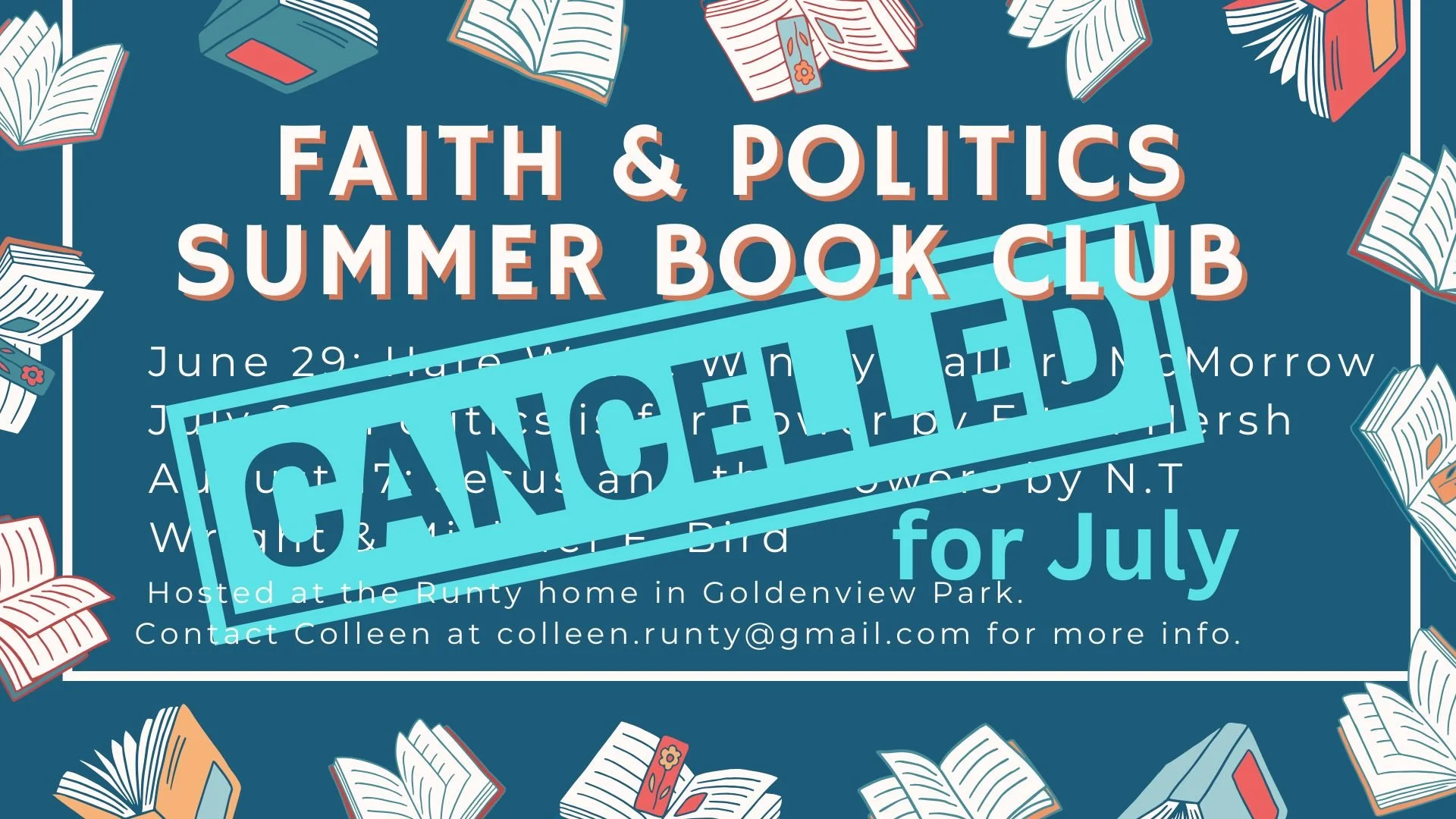 Summer Book Club Due to summering, the Faith and Politics Summer Book Club will not be meeting in July. Politics is for Power will be added into the Faith and Politics Sunday School class schedule this fall. If you have any questions, contact C
