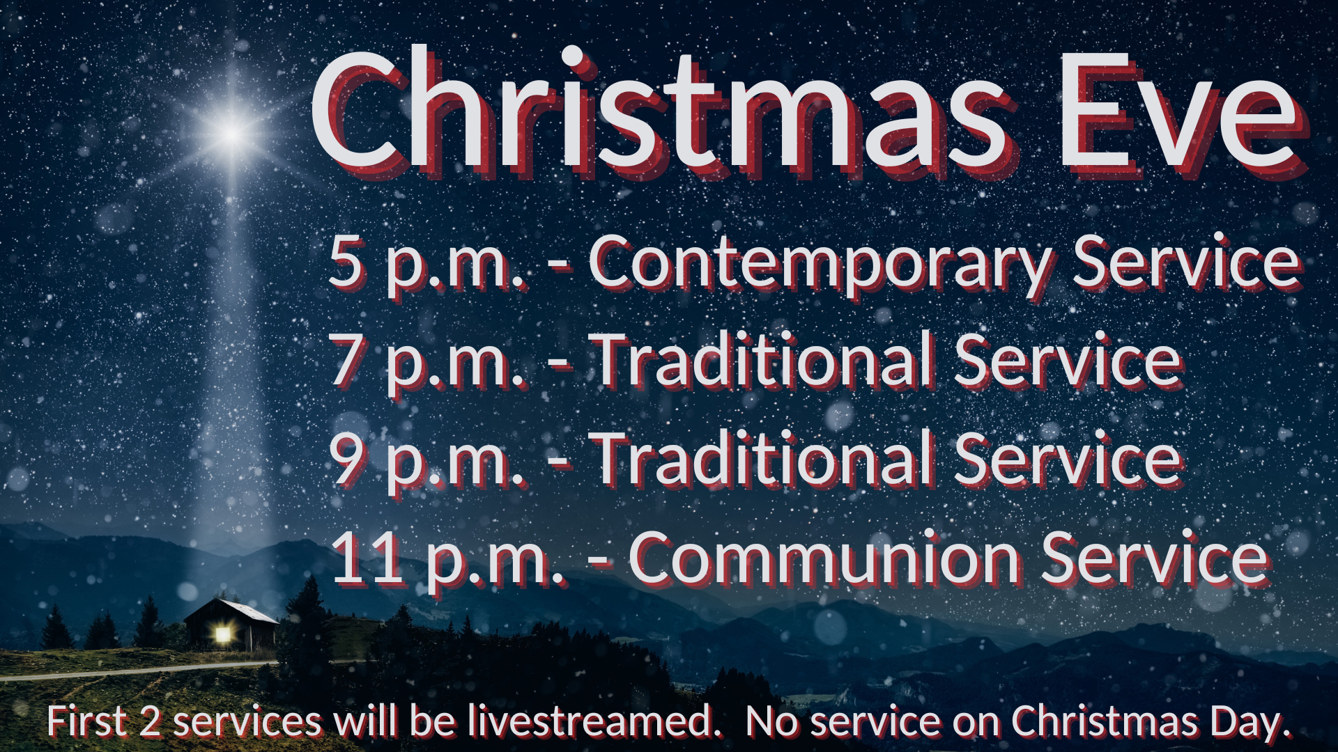  Christmas Eve Services   Christmas Eve services will be at 5, 7, 9, and 11 p.m. Creche-building will occur at the 5 and 7 p.m. services. The Praise Band will play at the 5 p.m. service. The St. John Choir will sing at 7 and 9 p.m. Harp music and co