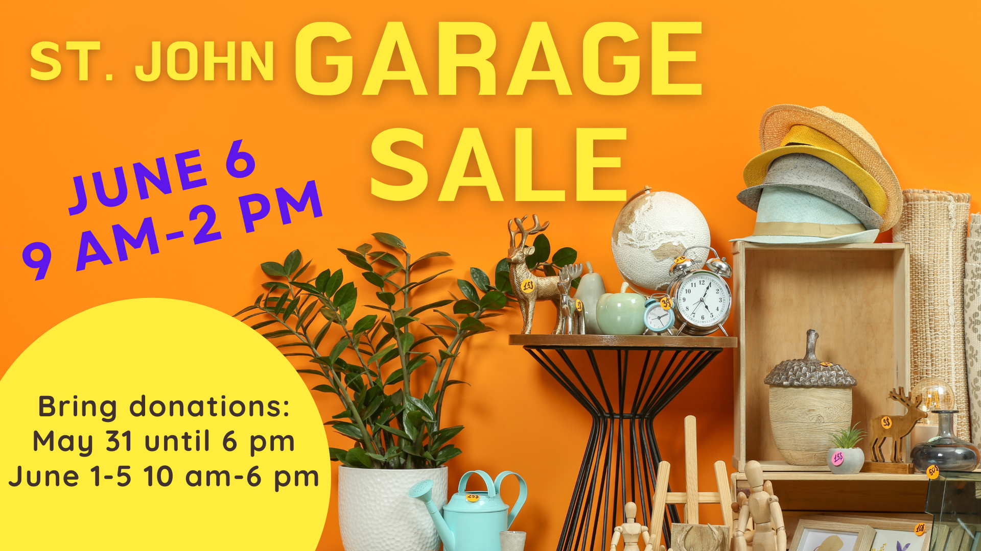   St. John Garage Sale   Do you have extra clothing, puzzles, books or household items to pare down? We will gladly accept them for St. John UMC's annual Garage Sale to support new well construction in Cameroon. Most any item is accepted; please no m