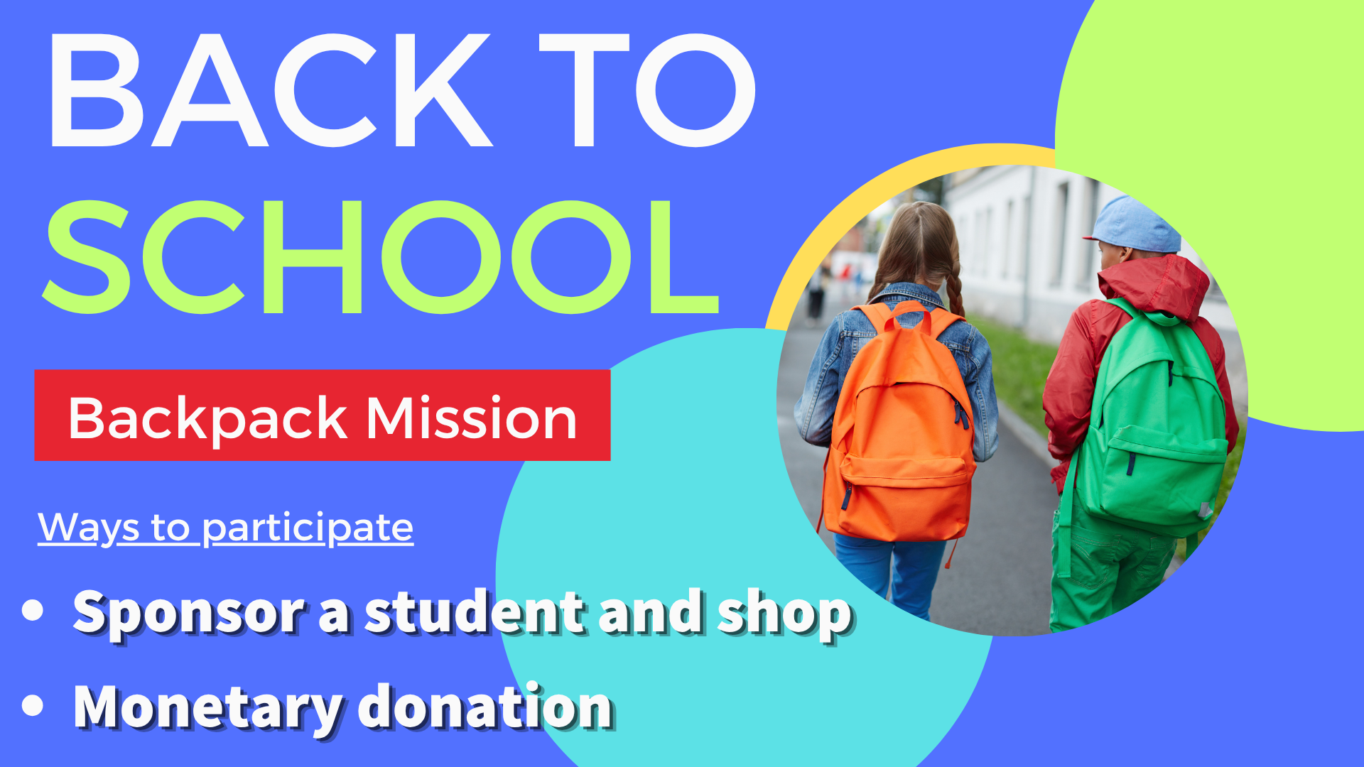   Student Backpack Mission   It’s that time again! – Time for St. John’s Back-to-School Student Backpack Mission. Our mission is to provide school backpacks loaded with clothing and shoes for 49 Anchorage students in need. St. John is partnering with