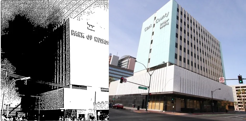 The Bank of Nevada Building following the bombing of Bill Coulthard’s car. Press photographers from the nearby Review Journal building were first on the scene to document the brazen murder. The building as it stands today (right). The Bank of Nevada…