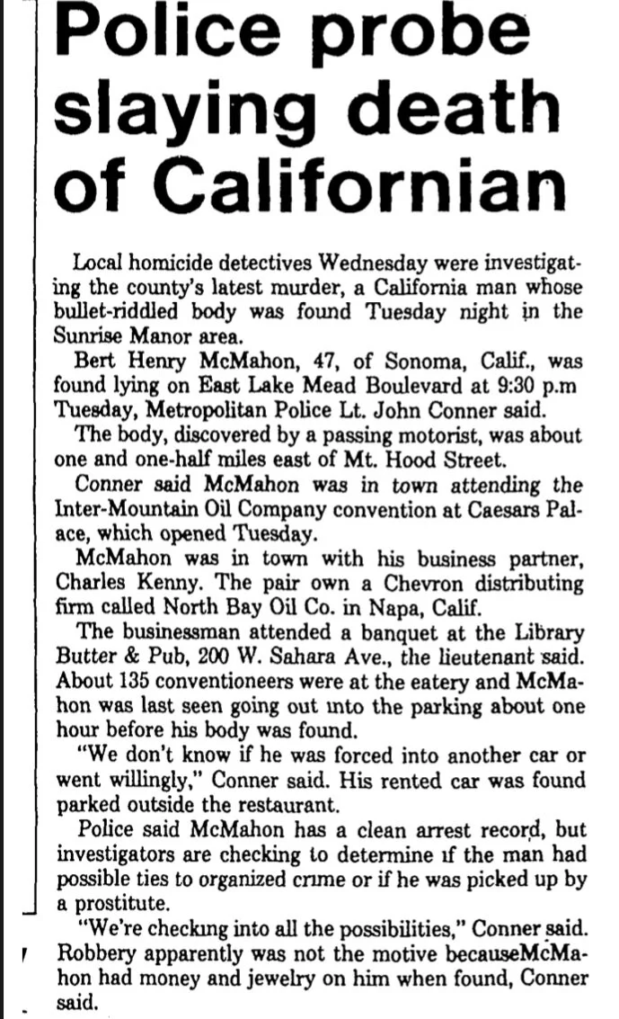 Local Las Vegas press only ran a few articles on the McMahon murder.  This article from the year following the murder sought tips as to suspects or a motive. (Las Vegas-Clark County Library District)