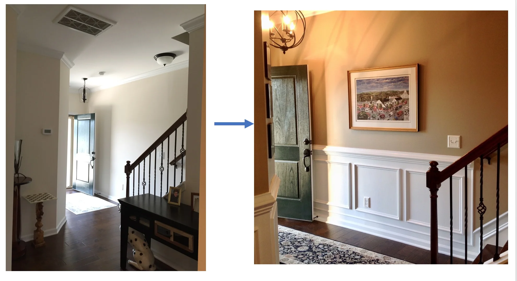 Adding trim, warming up the wall color, art, rug, lighting - all ideas from my design consultation. What a difference!