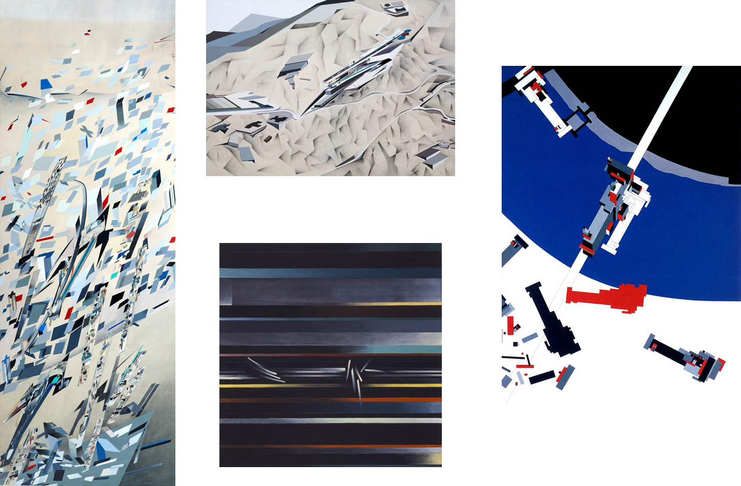 Left to Right: Confetti ‘The Peak’, Hong Kong, China 1982/1983; The Peak Series, 1983; Hafenstrasse Development; Hafenstrasse Development, Hamburg, Germany, 1989; Malevich’s Tektonik, 1976-7 © Zaha Hadid Foundation