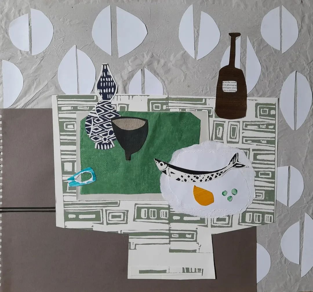 Collage,  scraps, found, painted and printed. 
#stilllife #stamp #linocut #recycle #inthestudio