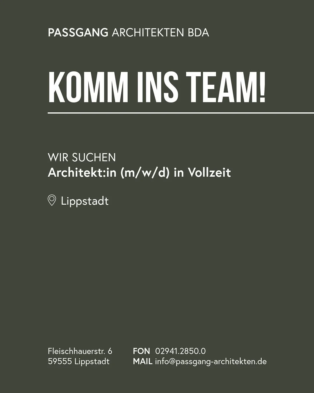 Komm ins Team! Architekt:in (m/w/d) in Vollzeit gesucht. Wir freuen uns &uuml;ber Deine Bewerbung! 

Mehr Infos findest Du auf unserer Homepage. 

#architektur #stellenanzeige #jobsuche #passgangarchitektenbda #jobsinlippstadt #lippstadt