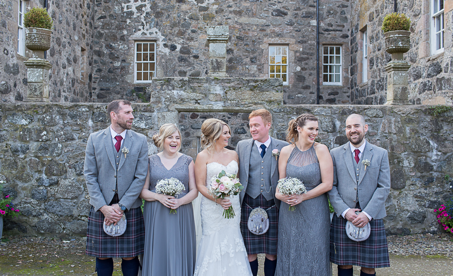  the barn at barra castle wedding party, wedding party, bridal party, grey bridesmaids dresses, floral request Inverurie, Melissa MUA, Angharad Bridal Elgin, wedding photographer in aberdeen 