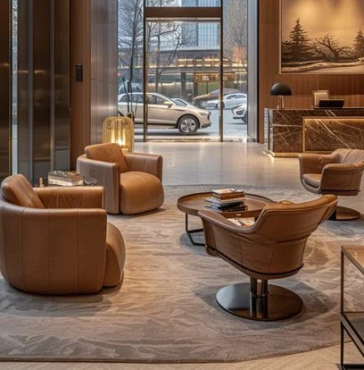 Modern hotel lobby with leather armchairs, a round wooden table, and large front windows showing parked cars and snowy trees outside.