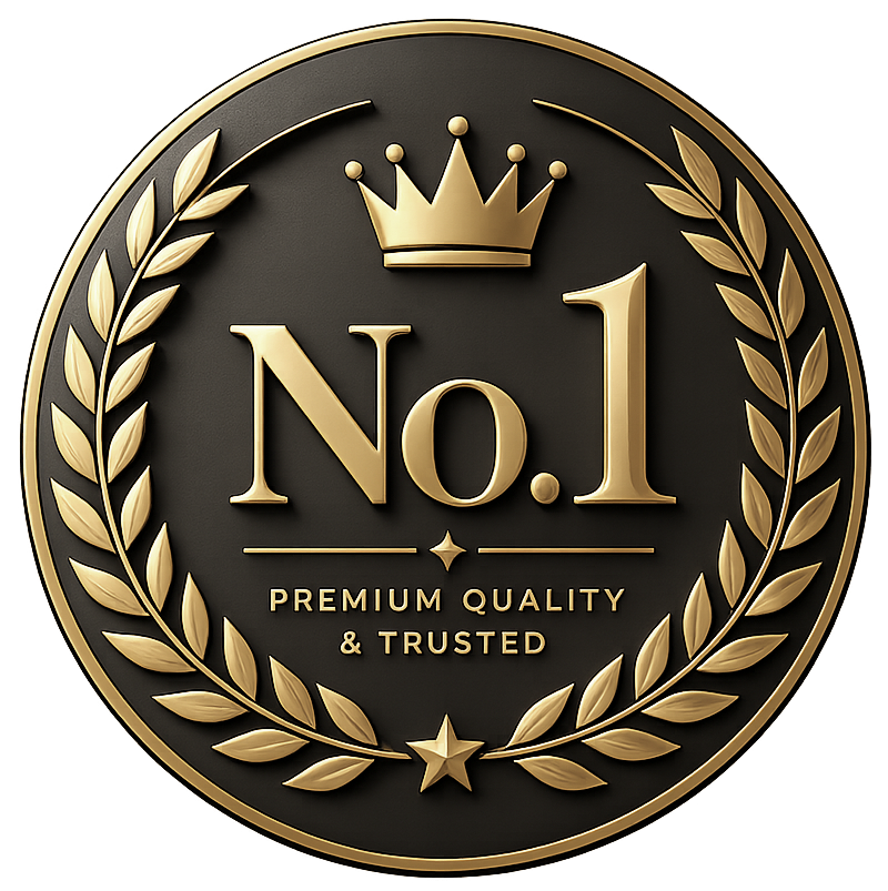 A circular emblem with a gold crown at the top, a laurel wreath surrounding the center, and the text 'No. 1' in large gold letters. Beneath it, there are the words 'Premium Quality & Trusted' with a small star separating the phrases.