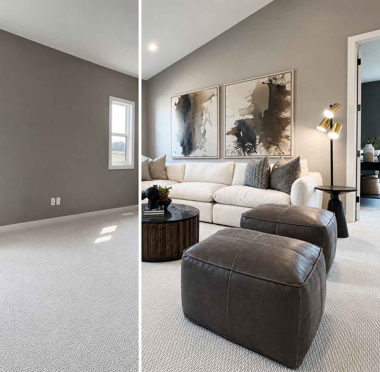 Split view of a living room before and after renovation. The left side shows a plain room with beige carpet, gray walls, and a window. The right side shows a decorated space with a white sofa, abstract wall art, a black round coffee table, dark leather ottomans, a modern floor lamp, and a doorway leading to another room with plants.