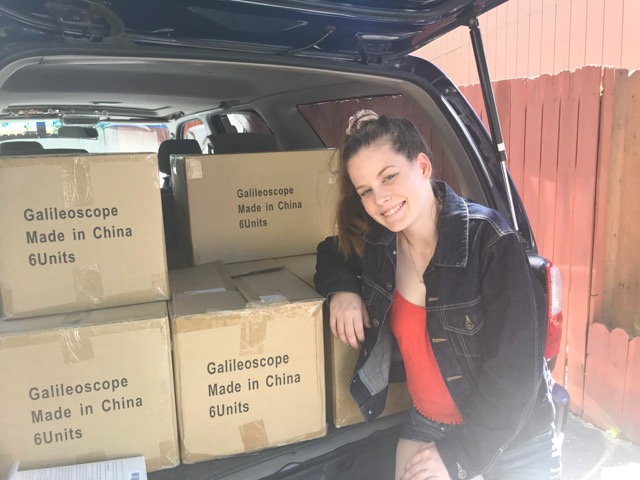 Abilene Runyan, Senior Honors Student at Nordhoff High School, pictured with Galileoscopes donated to Nordhoff by teachers from the California State Summer School for Math and Science (COSMOS) at UC Davis. The COSMOS teachers donated 36 scopes to Nordhoff to supplement the $2,500 OEF grant Abilene, and Science teacher Natalie Hay, received to fund the purchase of 50 scopes for Nordhoff students use.