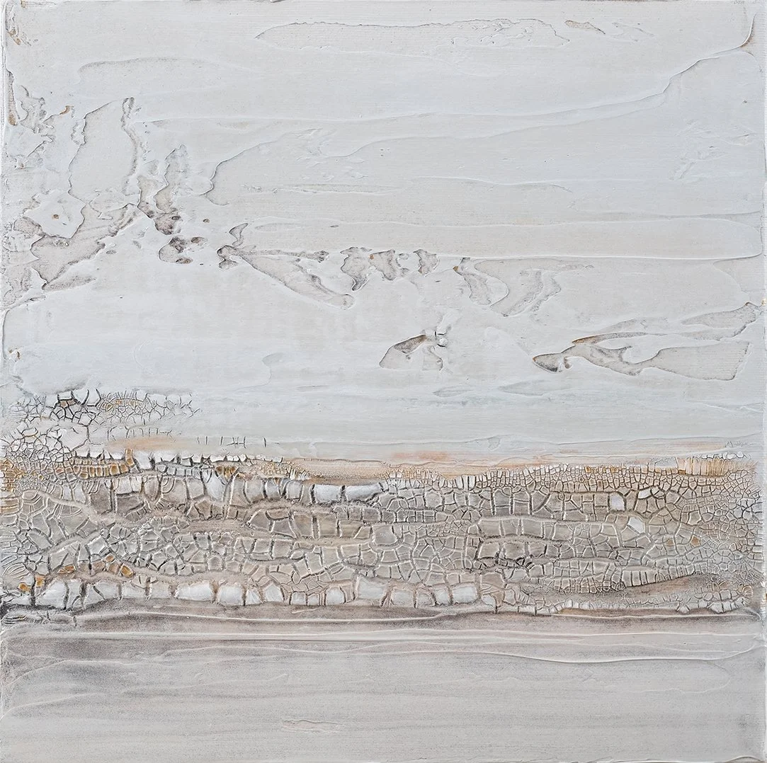 Abstract textured painting with neutral tones, featuring crackled and layered surface patterns.