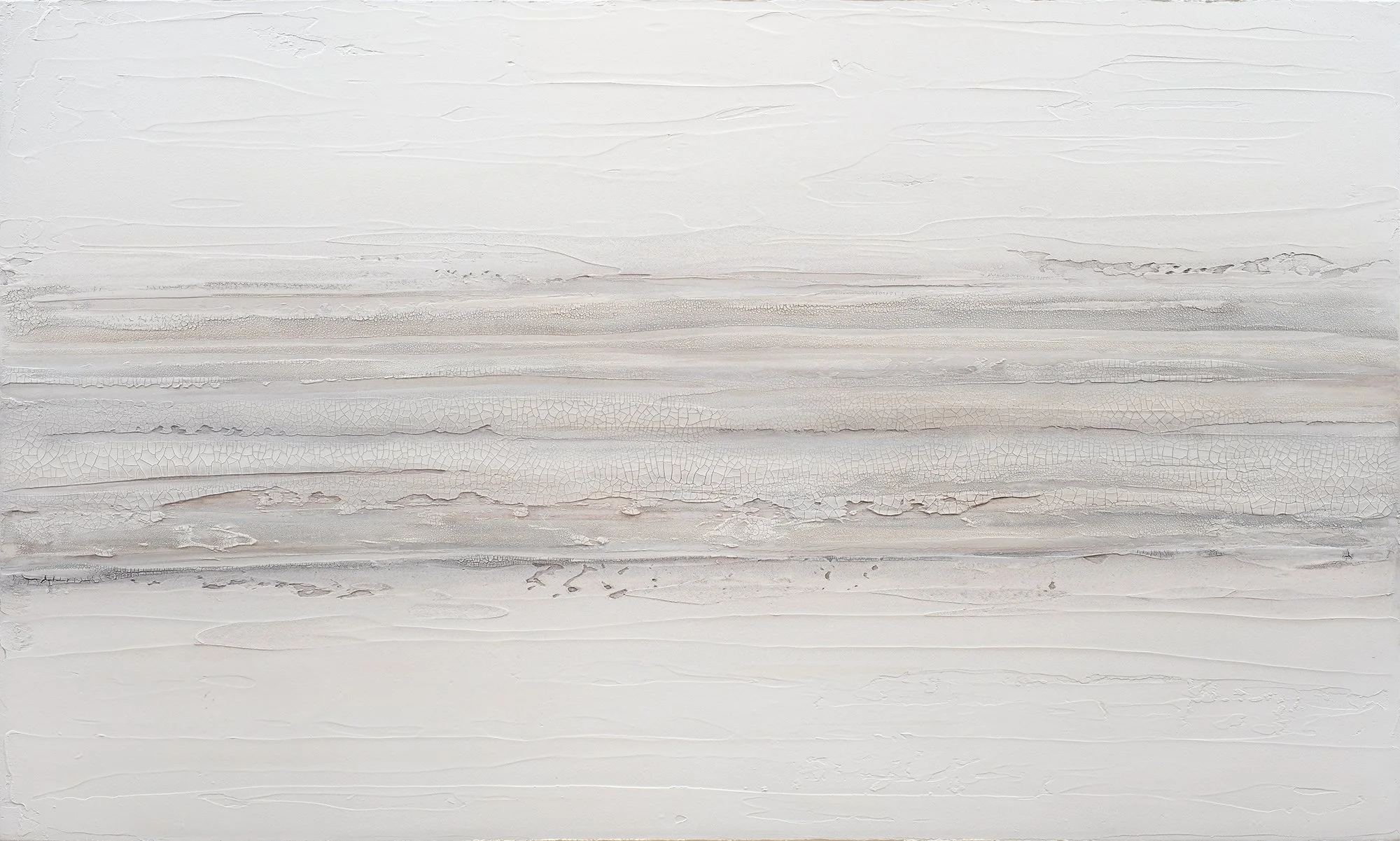 Abstract painting with horizontal textured and cracked white and light gray layers, resembling wood or ice.