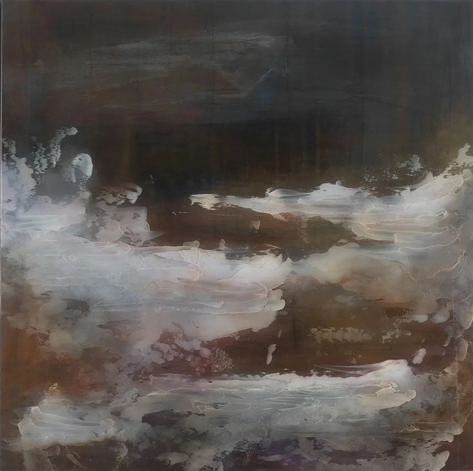 Abstract painting with dark brown, black, white, and beige brushstrokes, creating a textured and layered appearance.
