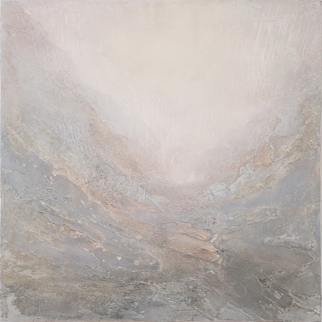 Close-up of a textured, multicolored painting that looks like stone or marble surface with shades of beige, gray, and cream.