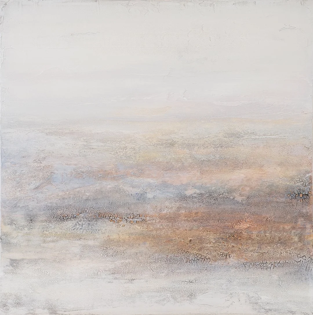 Abstract painting with light neutral colors and textured patterns in colors of rust, rose gold and white.