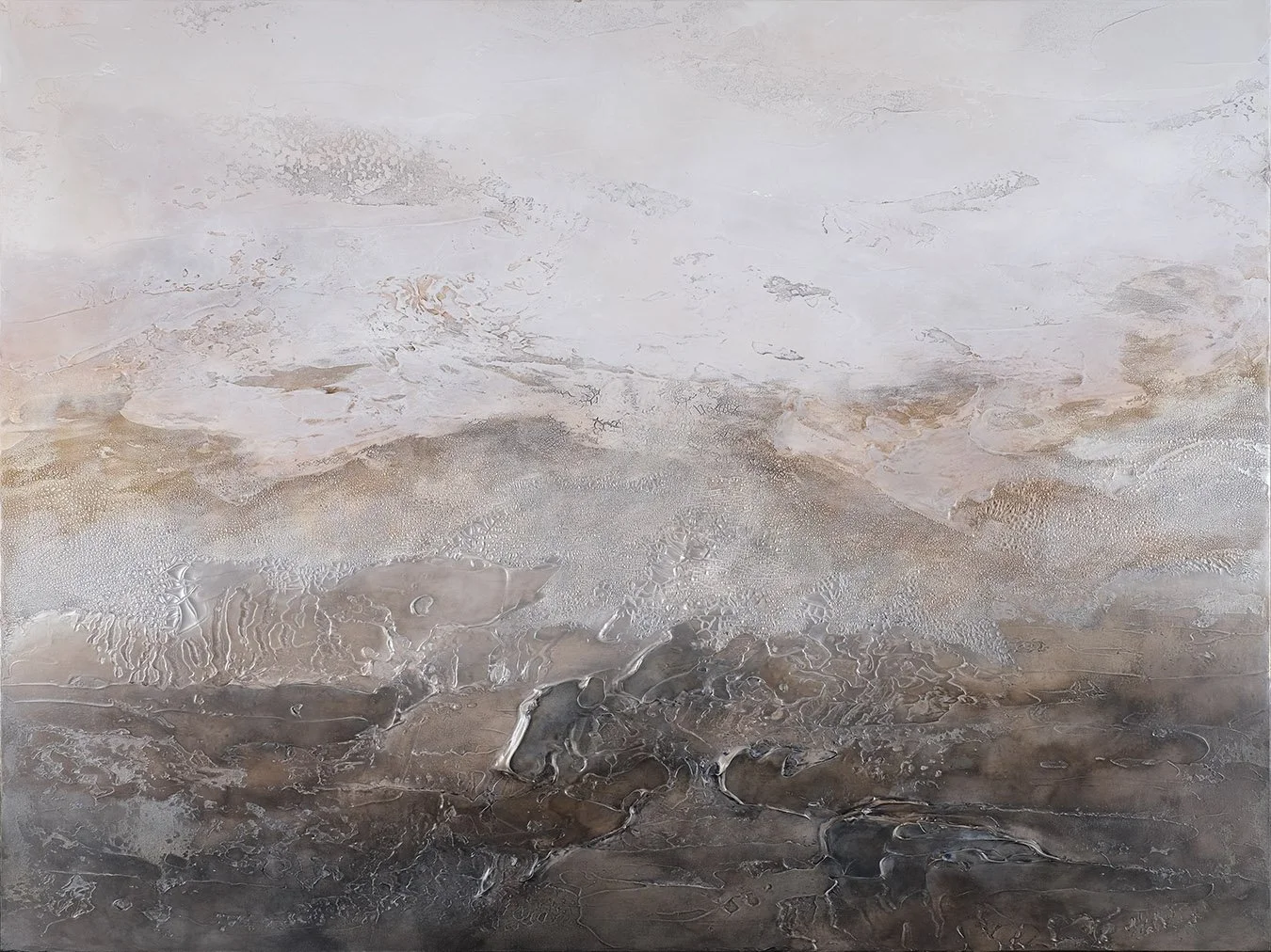 Abstract textured painting with neutral tones of white, beige, gray, and black, featuring layered and swirling patterns.