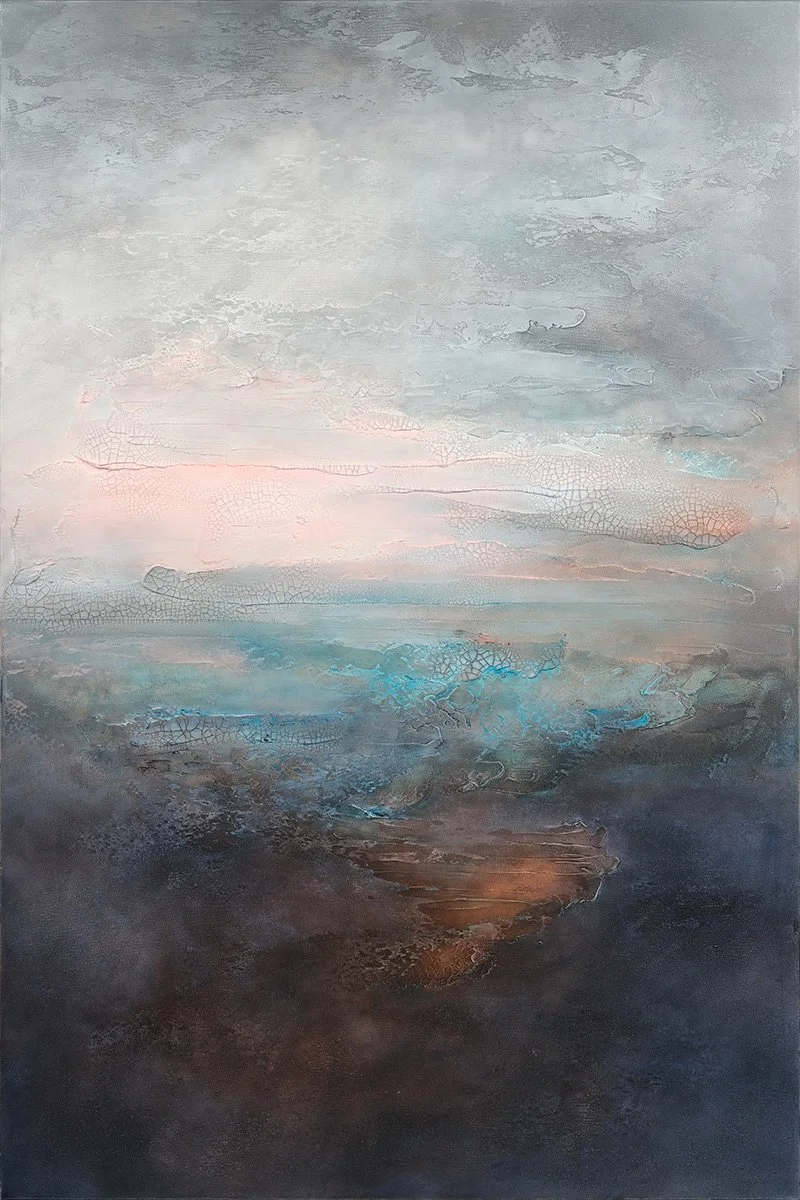 Abstract landscape painting with muted tones of gray, blue, and brown, featuring textured layers and cracked patterns.