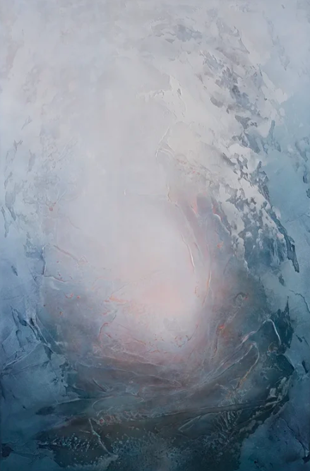 Abstract textured painting with various shades of blue, gray, and white.