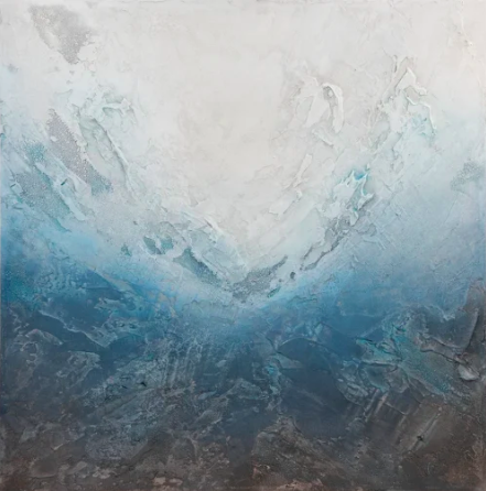 Abstract textured painting with shades of blue, gray, and white resembling a burst of sky or clouds.