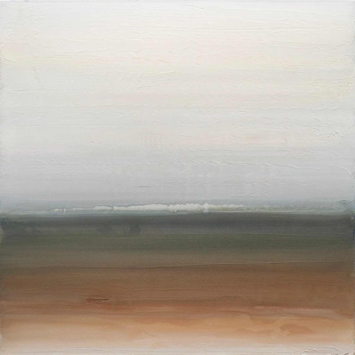 Abstract painting with horizontal bands of muted earthy colors, including white, gray, brown, and beige.