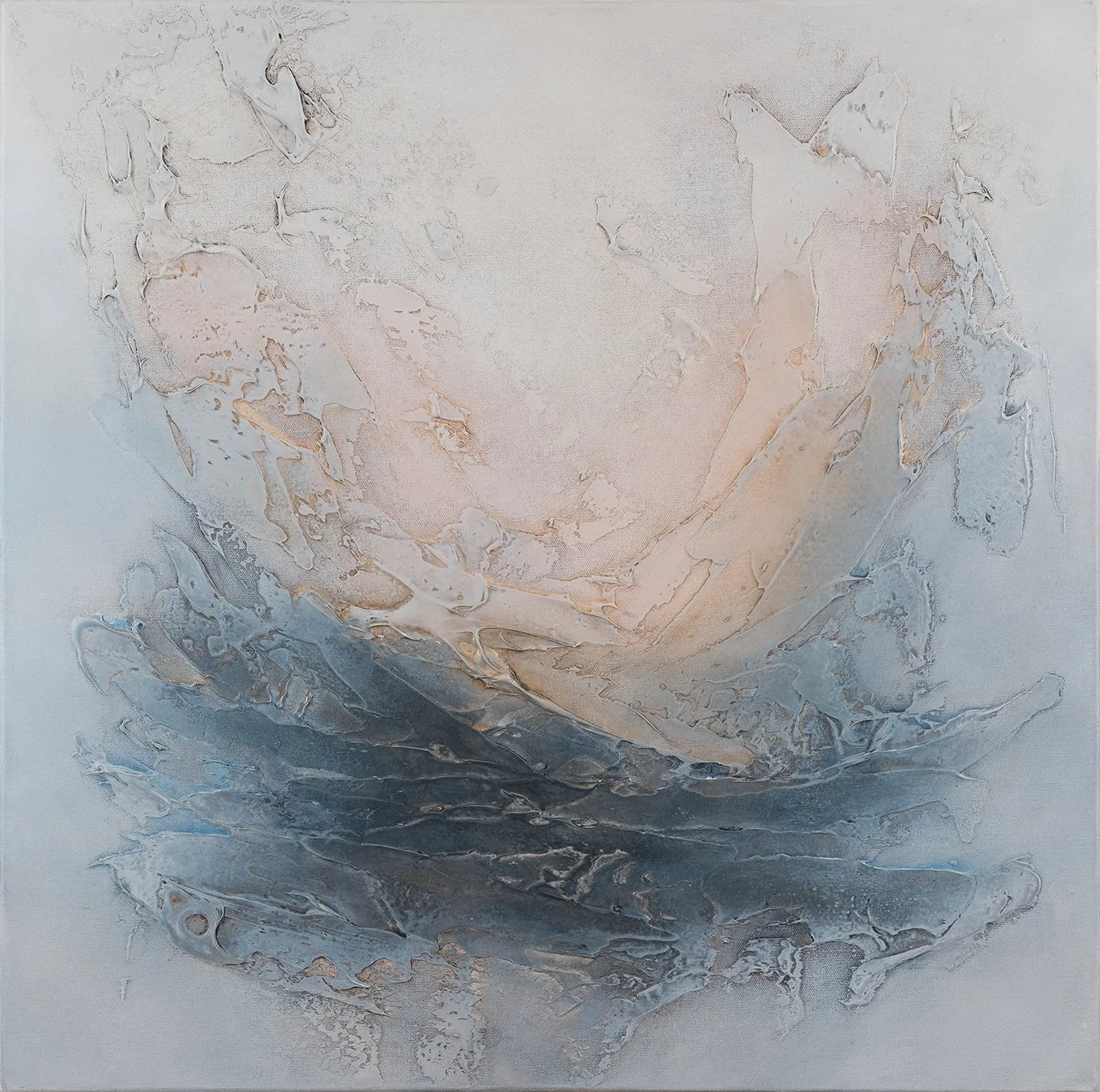 Abstract textured painting with swirling patterns in shades of white, beige, gray, and black.