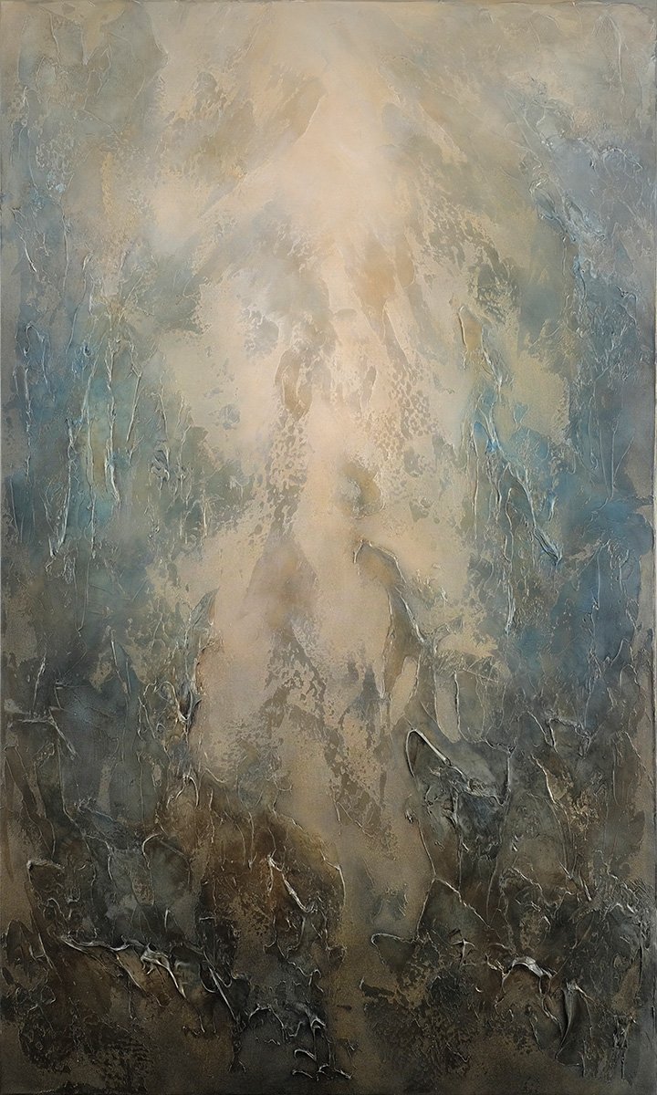 Abstract painting with textured, muted earth tones and subtle variations in color and pattern.