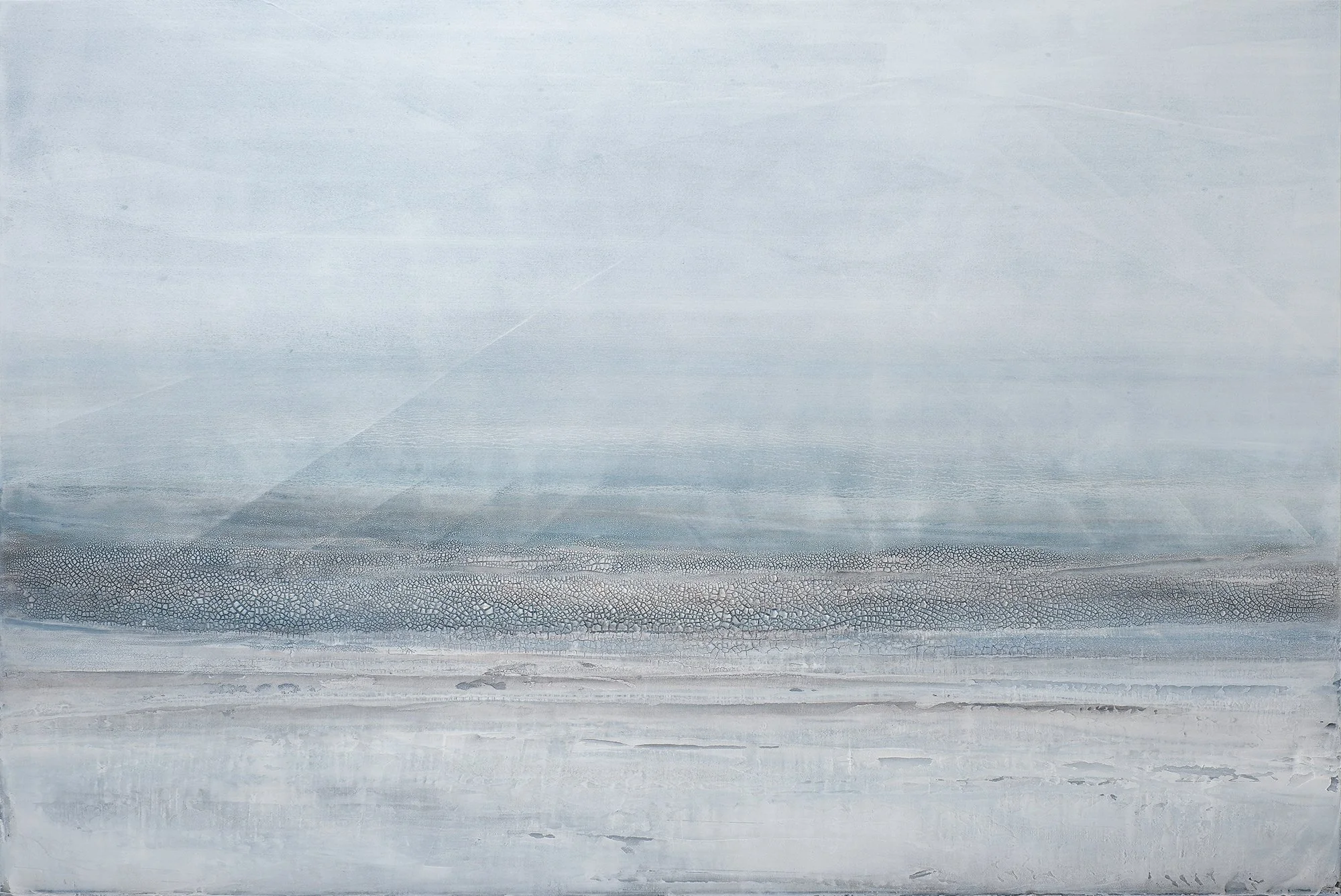A textured painting that looks like a vast, flat salt flat with a pale, cloudy sky above and cracked salt surface below.