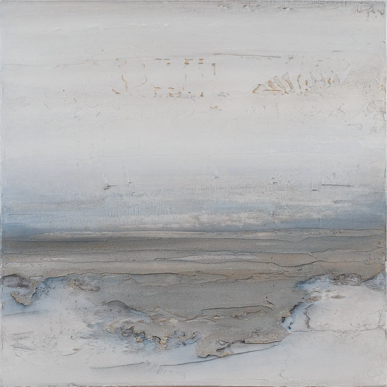 Abstract art painting with a predominantly white and gray palette, featuring textured horizontal layers and subtle variations in color and texture.
