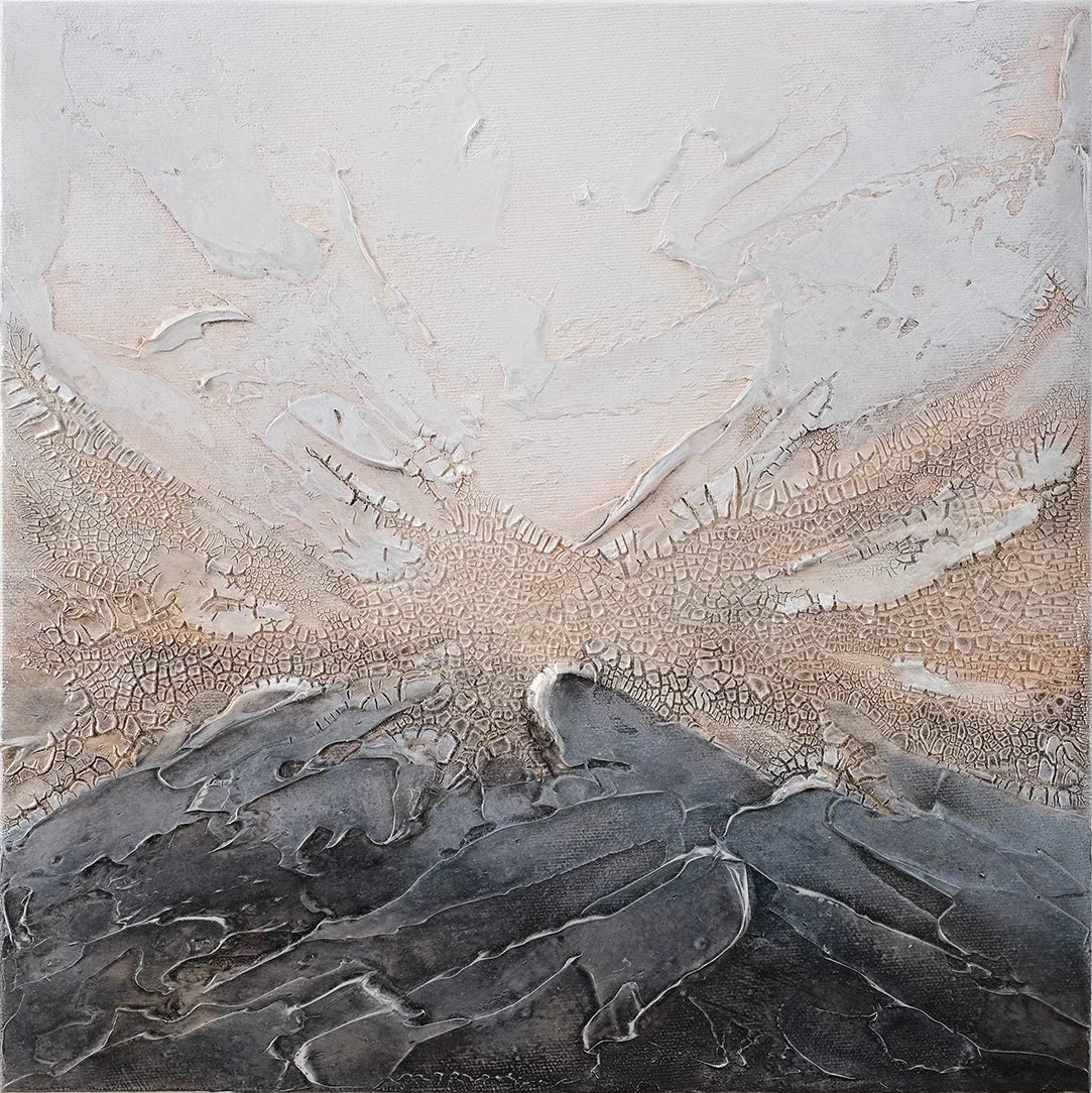 Abstract textured painting with a neutral color palette, featuring layered paint and intricate patterns resembling cracked or dried earth.