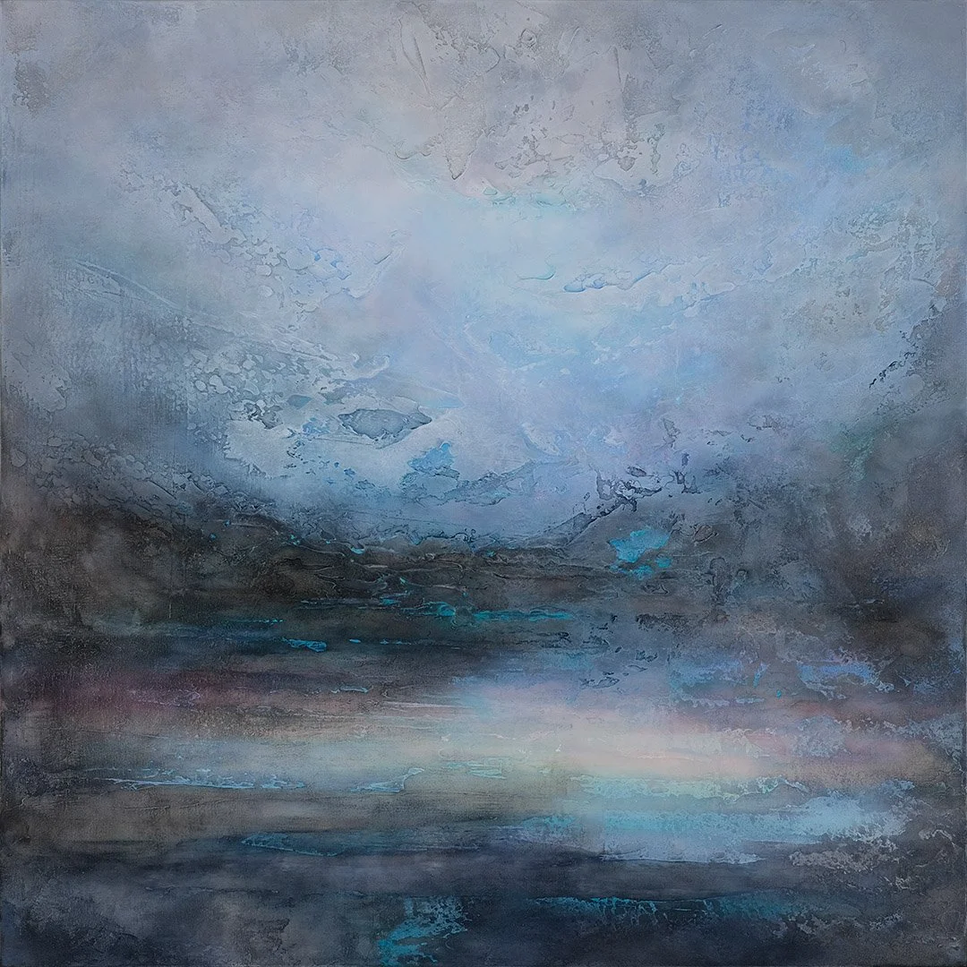 Abstract painting with shades of blue, gray, and hints of pink, resembling a cloudy sky over a body of water.