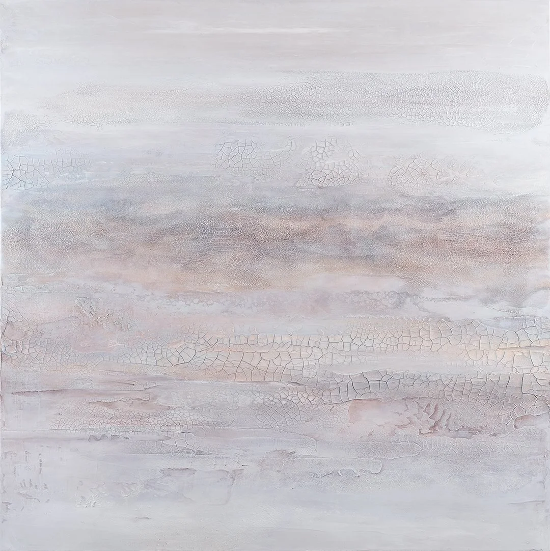 Abstract painting with a soft pastel color palette, featuring textured crackle patterns and horizontal brushstrokes.