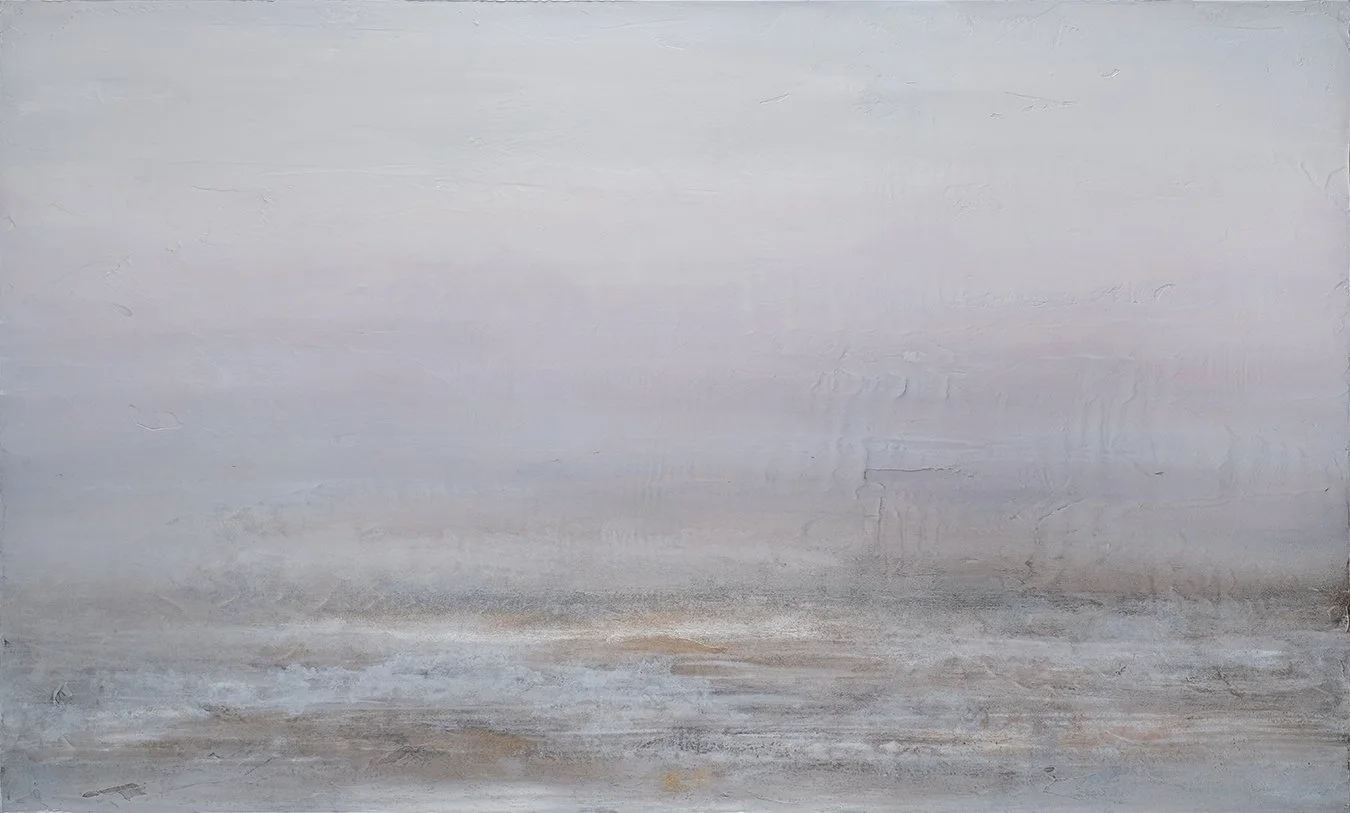Abstract landscape painting with muted tones of white, gray, and light brown, depicting a horizon with a cloudy sky.