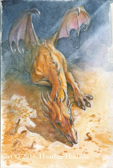 "Chrysophylax Dives," a hot dragon and now a small original watercolor painting as well... this scan has been slightly adjusted in Photoshop to match the original. 