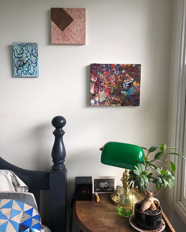 On the right: Harry Hay, &lsquo;Malingerer&rsquo;, oil on board 25x30cm, 2017-2018 and *
*
On the left: Merryn Lloyd &lsquo;blue line edit&rsquo;, encaustic on board, 15x 20cm *
*
Both from @tributary.projects #contributaryprojects *
*
 @harrys_pract